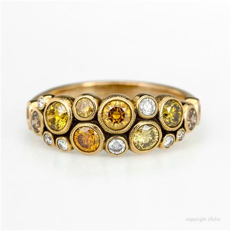 Ring Dome Band with Natural Color and White Diamonds in 18 Karat Yellow Gold