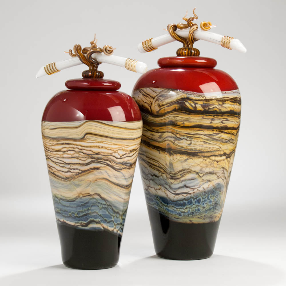 Covered Jar Shape Vessel with Bone-Tendril Finial in Strata Ruby – ZFolio